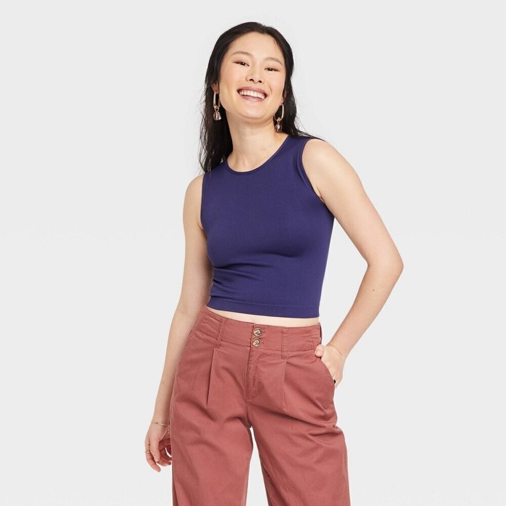 A New Day Womens Size Small Rib Knit Slim Fit Seamless Muscle Tank Top Blue 2419